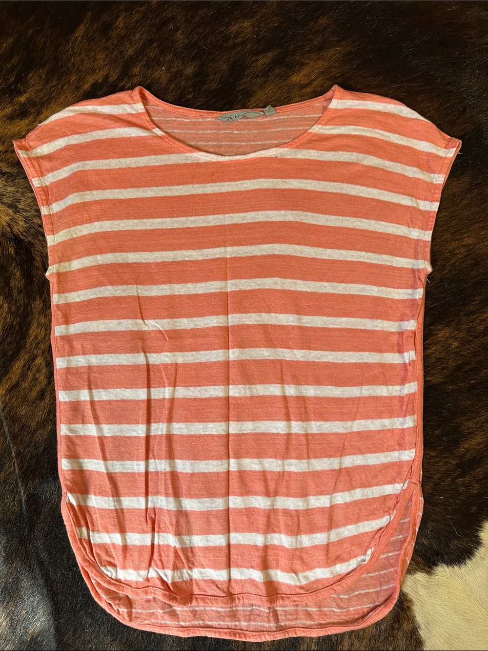 Athleta Newport Linen Coral & White Striped Shirt, Relaxed Fit Scoop Neck